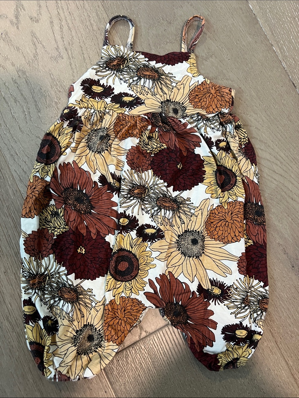 kate quinn Floral Sunflower Print Romper in White, Yellow, Brown, Rust